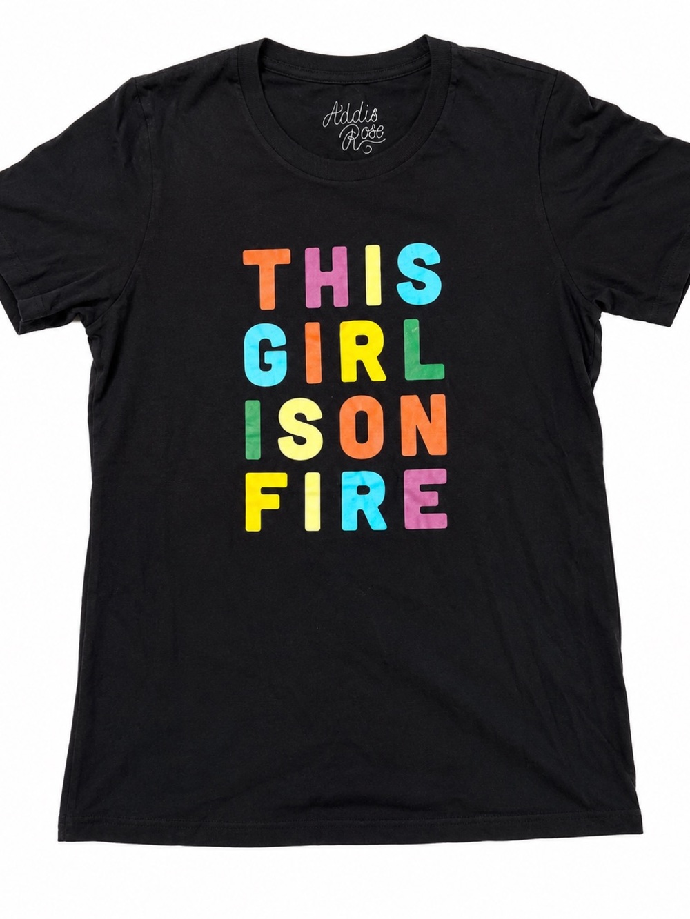 Addis Rose “This Girl Is On Fire” Graphic Tee Size Large Black Rainbow Tee